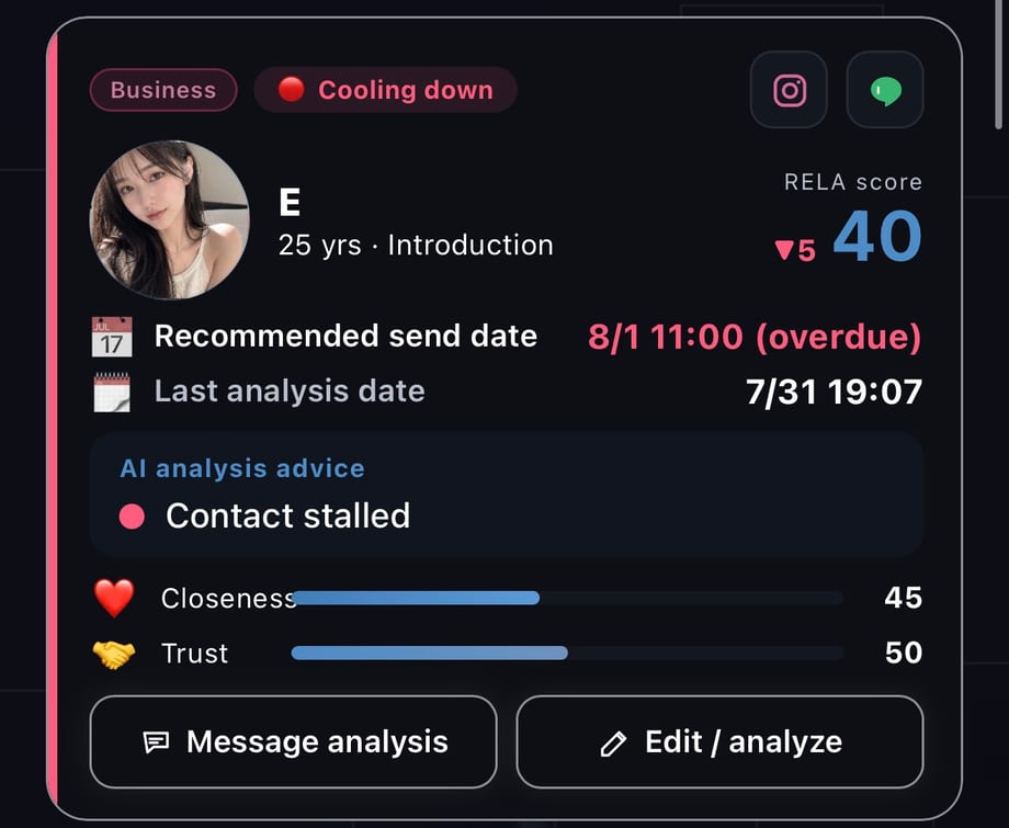 Partner card (compatibility score, Tenchusatsu, suggested send date, relationship level)