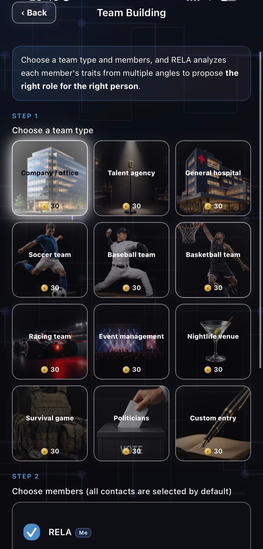 Choose the team type and members
